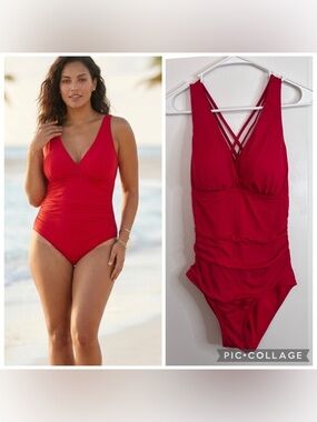 Jantzen Red One-Piece Ruched Swimsuit with Crisscross Back size 8